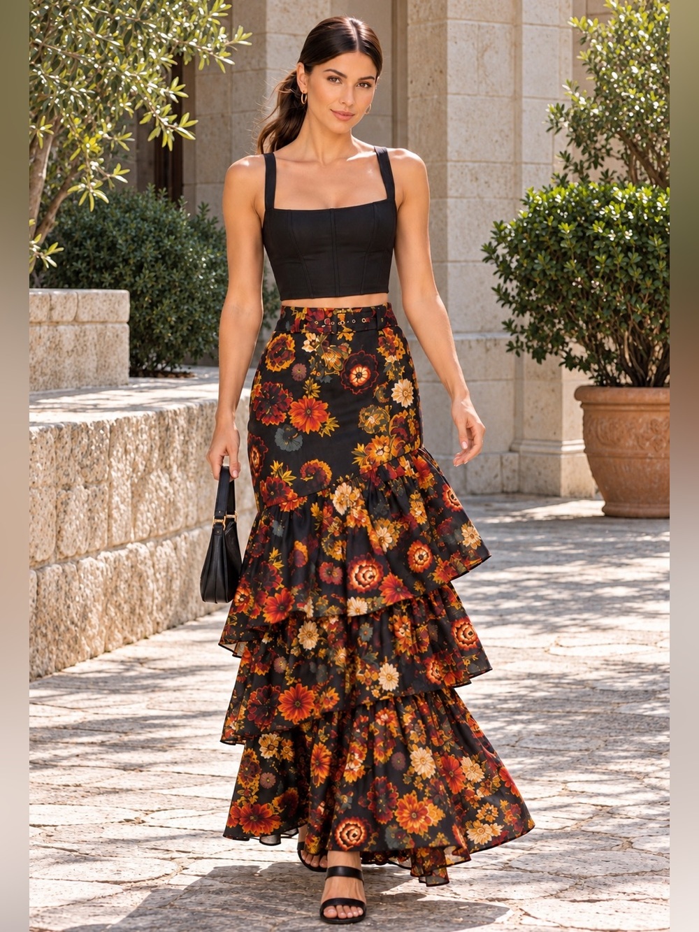 NWT Cara Cara Priya Tiered Maxi Skirt in Black Harvest Bloom Sz 10